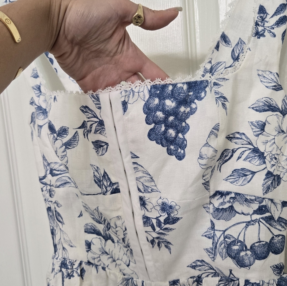 NEW Reformation Sheri Linen Corset Mini Dress Corsica White Blue Size 4 - Picture 9 of 15
